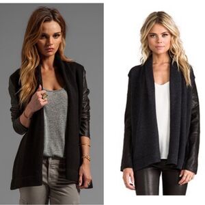 Vince. Lamb Leather Sleeve Draped Wool Sweater Jacket Slate Grey black small